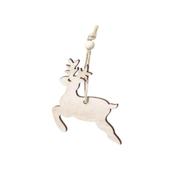 Set de 3 figuras navideñas de línea nature para colgar, fabricadas en madera de tacto suave. Cordón en yute con bolita para ajuste. Incluye reno, estrella y árbol de navidad. Presentado en bolsa individual con cartón interior en color natural.