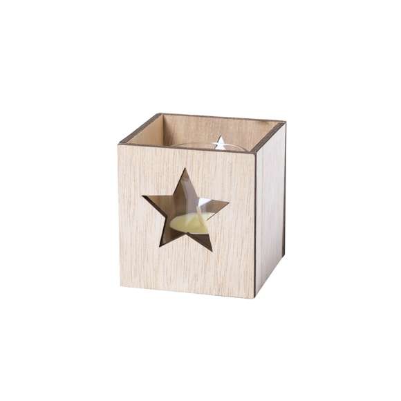 Vela aromática navideña de línea nature y aroma vainilla. Fabricada en cristal, con caja de madera troquelada y original diseño. Presentada en caja individual de color natural.