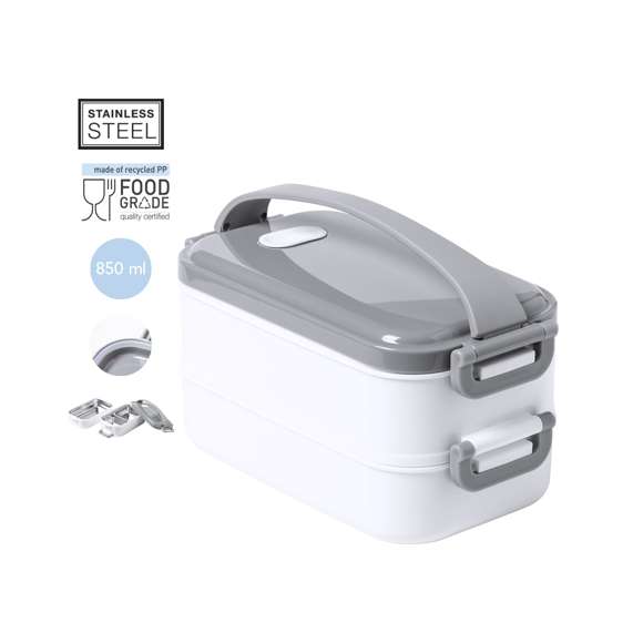  	Fiambrera térmica de 850ml de capacidad. Fabricada en acero inox y PP, libre de BPA. Incluye 2 compartimentos independientes con bandejas en acero inox y cierre hermético, de 500ml y 350ml de capacidad respectivamente. Ideal para una correcta conservación del calor, con posibilidad de prolongación añadiendo agua caliente.