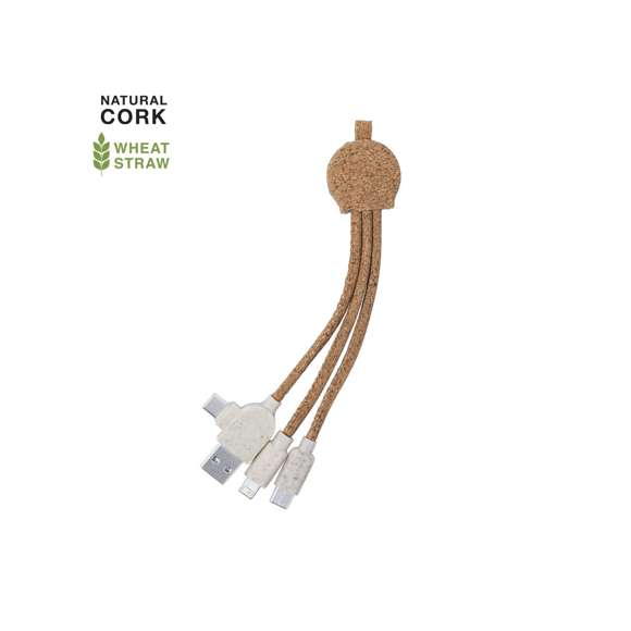 Cable cargador USB de línea nature, fabricado en corcho natural y con accesorios en caña de trigo, para así fomentar la utilización de materias primas naturales y reducir las emisiones contaminantes. Con conexiones USB, tipo C (entrada y salida) y dual micro USB-Lightning. Con accesorio para colgar y zona lisa para marcaje. Presentado en bolsa individual autocierre de diseño eco.