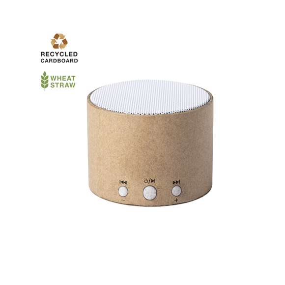 Compacto altavoz de línea nature y conexión Bluetooth® 5.0. Frabricado en cartón reciclado, contribuyendo a la conservación de los bosques y reduciendo considerablemente la huella de carbono, con botones de control en caña de trigo. Ofrece 3W de potencia, compatible con iOS y Android. Incluye cable de carga micro USB. Presentado en atractiva caja de diseño eco, con manual de instrucciones en español e inglés.