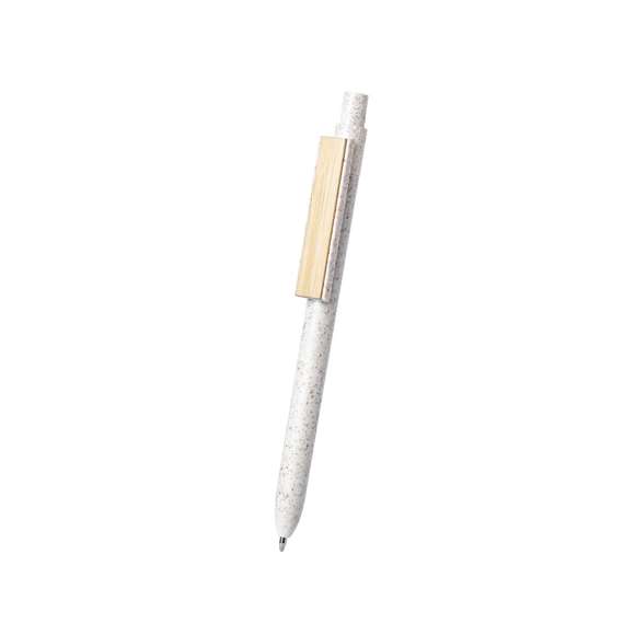 Bolígrafo de línea nature y mecanismo pulsador. Cuerpo fabricado en combinación de caña de trigo y clip en bambú, para así fomentar la utilización de materias primas naturales y reducir las emisiones contaminantes. Clip con amplia zona de marcaje y en tinta azul. Distintivo caña de trigo en la parte superior del bolígrafo.