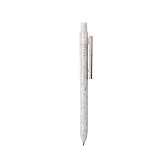 Bolígrafo de línea nature y mecanismo pulsador. Cuerpo fabricado en combinación de caña de trigo y clip en bambú, para así fomentar la utilización de materias primas naturales y reducir las emisiones contaminantes. Clip con amplia zona de marcaje y en tinta azul. Distintivo caña de trigo en la parte superior del bolígrafo.