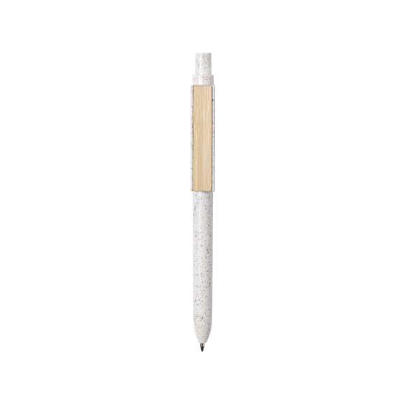 Bolígrafo de línea nature y mecanismo pulsador. Cuerpo fabricado en combinación de caña de trigo y clip en bambú, para así fomentar la utilización de materias primas naturales y reducir las emisiones contaminantes. Clip con amplia zona de marcaje y en tinta azul. Distintivo caña de trigo en la parte superior del bolígrafo.