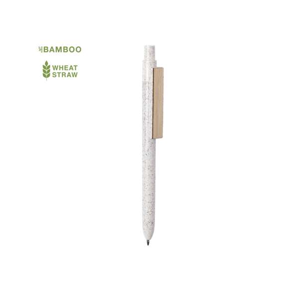 Bolígrafo de línea nature y mecanismo pulsador. Cuerpo fabricado en combinación de caña de trigo y clip en bambú, para así fomentar la utilización de materias primas naturales y reducir las emisiones contaminantes. Clip con amplia zona de marcaje y en tinta azul. Distintivo caña de trigo en la parte superior del bolígrafo.