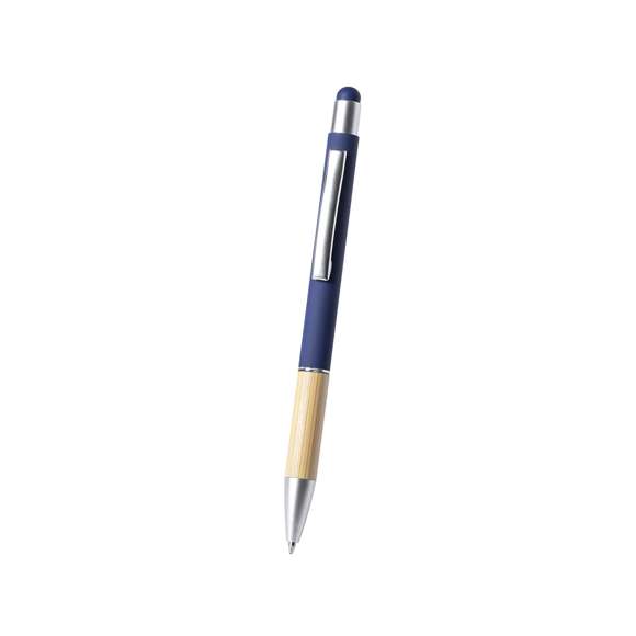 Bolígrafo puntero de línea nature y mecanismo pulsador. De elegante diseño, con cuerpo en aluminio de acabado mate y empuñadura en bambú, con accesorios en acabado mate. Clip metálico y anilla transparente, en tinta azul. Disponible en variada gama de colores.