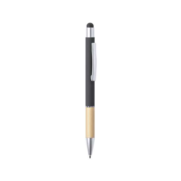 Bolígrafo puntero de línea nature y mecanismo pulsador. De elegante diseño, con cuerpo en aluminio de acabado mate y empuñadura en bambú, con accesorios en acabado mate. Clip metálico y anilla transparente, en tinta azul. Disponible en variada gama de colores.