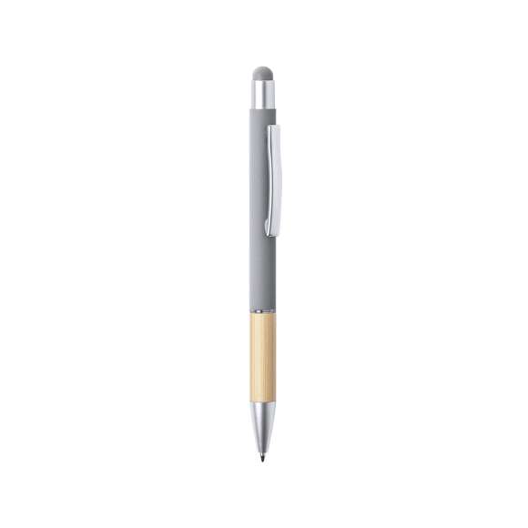 Bolígrafo puntero de línea nature y mecanismo pulsador. De elegante diseño, con cuerpo en aluminio de acabado mate y empuñadura en bambú, con accesorios en acabado mate. Clip metálico y anilla transparente, en tinta azul. Disponible en variada gama de colores.