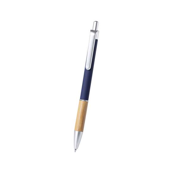  	Bolígrafo de línea nature y mecanismo pulsador. De elegante diseño, con cuerpo en aluminio de acabado mate y empuñadura en bambú, con accesorios en acabado mate. Clip de acabado metalizado y anilla transparente, en tinta azul. Disponible en variada gama de colores.