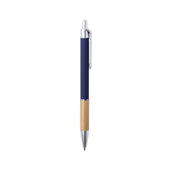  	Bolígrafo de línea nature y mecanismo pulsador. De elegante diseño, con cuerpo en aluminio de acabado mate y empuñadura en bambú, con accesorios en acabado mate. Clip de acabado metalizado y anilla transparente, en tinta azul. Disponible en variada gama de colores.