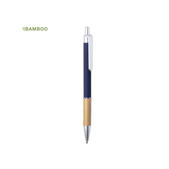  	Bolígrafo de línea nature y mecanismo pulsador. De elegante diseño, con cuerpo en aluminio de acabado mate y empuñadura en bambú, con accesorios en acabado mate. Clip de acabado metalizado y anilla transparente, en tinta azul. Disponible en variada gama de colores.