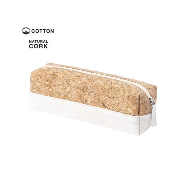 Estuche de línea nature en combinación de corcho natural y algodón crudo. Con cierre de cremallera y tirador en algodón a juego. Presentación individual en bolsa de material reciclado.