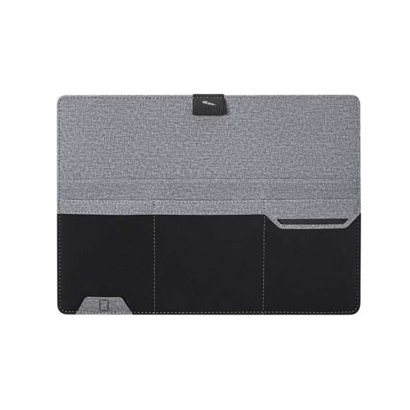 Elegante y práctico organizador con soporte imantado, ideal para facilitar el trabajo o uso de portátil en cualquier lugar o espacio. Fabricado en resistente poliéster gris jaspeado con detalles en polipiel de color negro. Incluye soporte para bolígrafo y smartphone, con 4 bolsillos elásticos para el almacenamiento de diferentes gadgets.