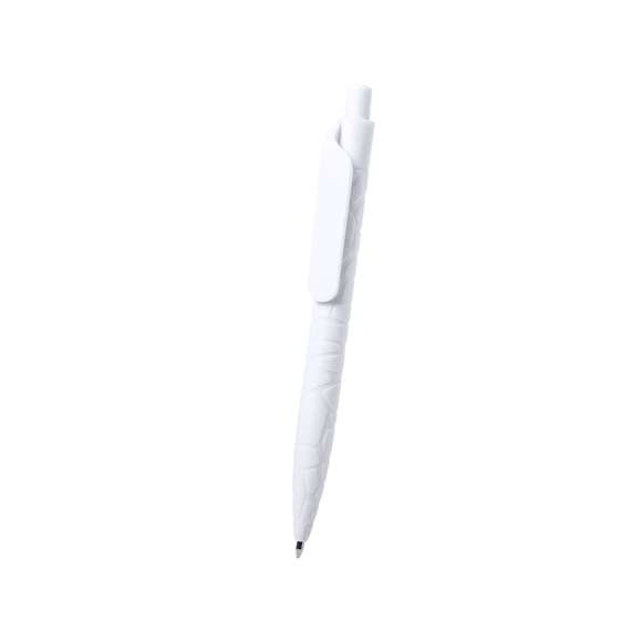 Bolígrafo de línea nature y mecanismo pulsador. Cuerpo troquelado fabricado con extractos de piedra natural, ayudando a la reducción del uso de plásticos, además de proporcionar un acabado suave y resistente. En color blanco y con distintivo natural stone en la parte superior, de cartucho jumbo y en tinta azul.