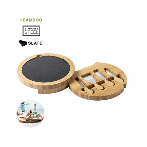  	Completo set de quesos de 4 piezas. Con tabla de corte y presentación fabricada en pizarra y utensilios en acero inox y mango de bambú. Tabla de pizarra extraíble para fácil limpieza. Presentado en estuche individual troquelado de bambú y atractiva caja individual de diseño eco.