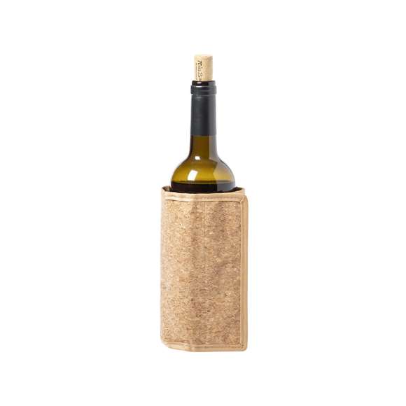 Enfriador de línea nature para botellas, fabricado en resistente corcho natural. Con cierre ajustable de velcro y líquido refrigerante interior.