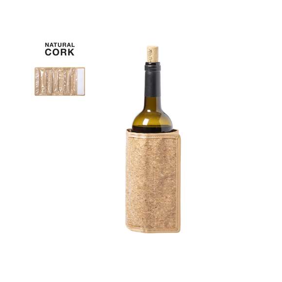 Enfriador de línea nature para botellas, fabricado en resistente corcho natural. Con cierre ajustable de velcro y líquido refrigerante interior.