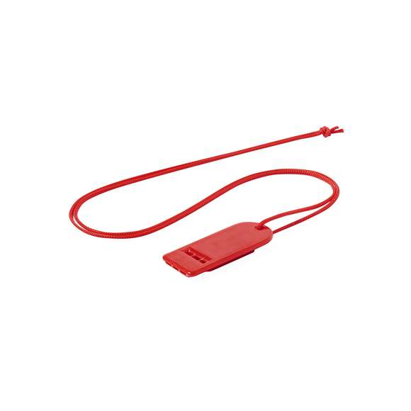 Silbato de original diseño y fabricado en resistente PS. Con cinta para el cuello a juego y disponible en extensa gama de colores.