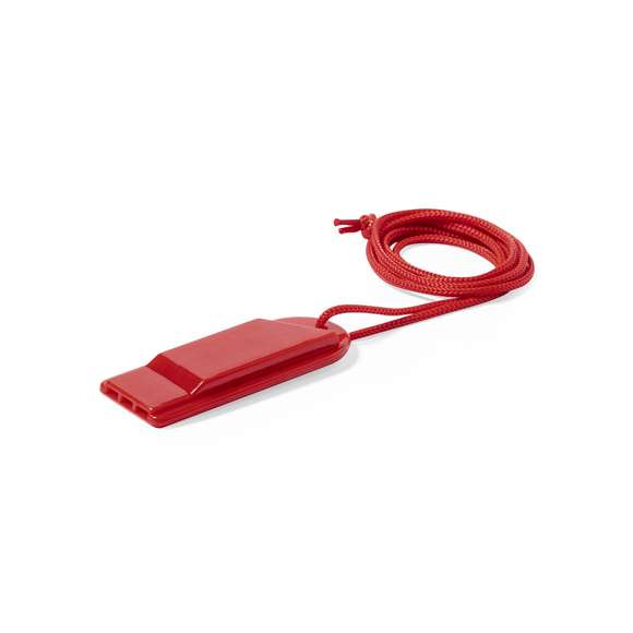 Silbato de original diseño y fabricado en resistente PS. Con cinta para el cuello a juego y disponible en extensa gama de colores.