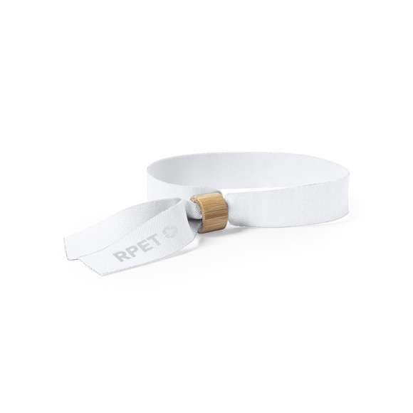 Pulsera para eventos de línea nature. Fabricada en poliéster RPET de 160g/m2, elaborado a partir de plástico reciclado para así fomentar la reutilización de residuos plásticos y contribuir a la sostenibilidad del planeta. Con ajustador en bambú y disponible en variada gama de colores, color blanco especialmente diseñado para sublimación. Distintivo RPET impreso en la pulsera.