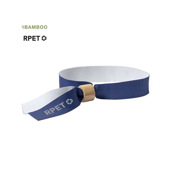 Pulsera para eventos de línea nature. Fabricada en poliéster RPET de 160g/m2, elaborado a partir de plástico reciclado para así fomentar la reutilización de residuos plásticos y contribuir a la sostenibilidad del planeta. Con ajustador en bambú y disponible en variada gama de colores, color blanco especialmente diseñado para sublimación. Distintivo RPET impreso en la pulsera.