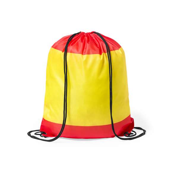 Mochila de cuerdas de suave poliéster 210D y con diseño España. Con cuerdas autocierre en color negro, esquinas reforzadas en polipiel y resistentes argollas metálicas. Resistencia hasta 7kg de peso.