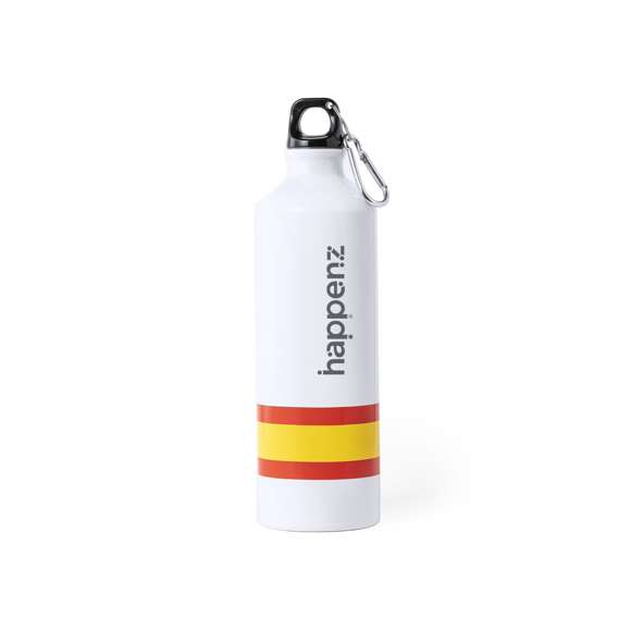 Bidón con diseño España y cuerpo en blanco. De 800 ml de capacidad y acabado en aluminio, con tapón de seguridad a rosca libre de BPA, y mosquetón de transporte. Presentado en atractiva caja de diseño.