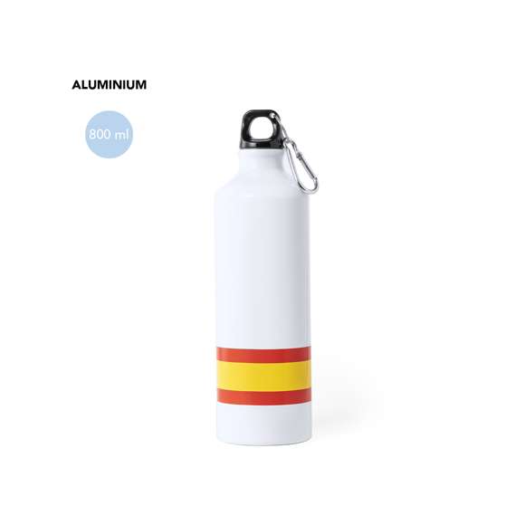Bidón con diseño España y cuerpo en blanco. De 800 ml de capacidad y acabado en aluminio, con tapón de seguridad a rosca libre de BPA, y mosquetón de transporte. Presentado en atractiva caja de diseño.