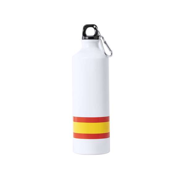Bidón con diseño España y cuerpo en blanco. De 800 ml de capacidad y acabado en aluminio, con tapón de seguridad a rosca libre de BPA, y mosquetón de transporte. Presentado en atractiva caja de diseño.