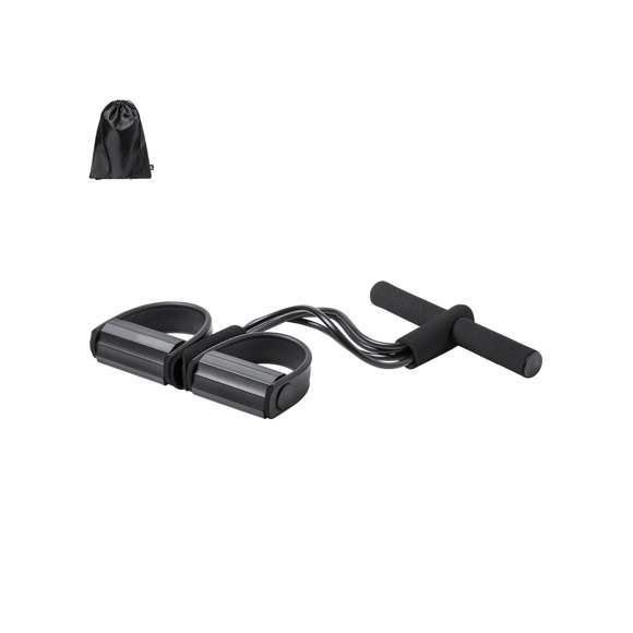 Cuerda de tensión para mantenerse en forma al aire libre o desde casa, diseñada para realizar una gran variedad de ejercicios. Fabricada en resistente combinación de ABS y EVA  con asas ergonómicas acolchadas en espuma y soportes para pies recubiertos en EVA, con calapiés de seguridad. De resistencia media y con folleto de ejercicios. Presentada en funda a juego de poliéster RPET, elaborada a partir de plástico reciclado para así fomentar la reutilización de residuos plásticos y contribuir a la sostenibilidad del planeta. Etiqueta RPET distintiva en funda.