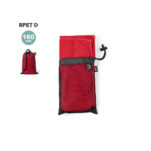  	Toalla absorbente de línea nature. Fabricada en RPET de 160g/m2, elaborado a partir de plástico reciclado para así fomentar la reutilización de residuos plásticos y contribuir a la sostenibilidad del planeta. Tamaño 50x100 cm, presentada en funda individual de redecilla RPET con parte trasera lisa y disponible en variada gama de colores. Con distintivo RPET en etiqueta.
