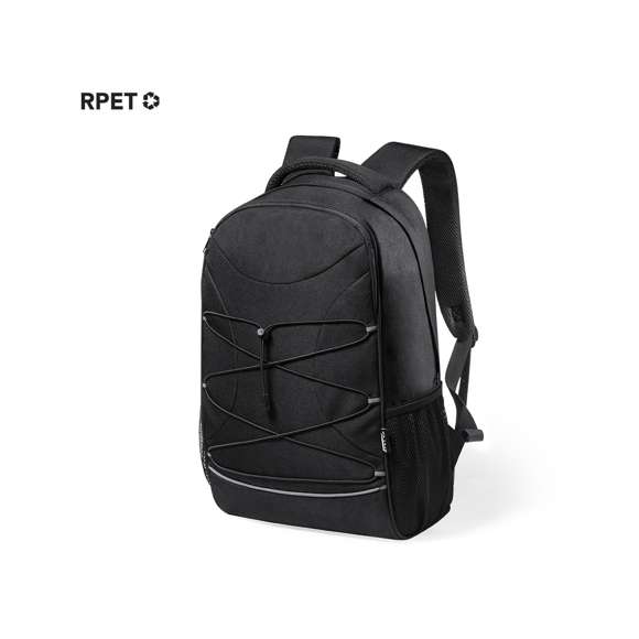 Mochila urban acolchada de línea nature, fabricada en resistente 600D RPET, elaborado a partir de plástico reciclado, para así fomentar la reutilización de residuos plásticos y contribuir a la sostenibilidad del planeta. Bolsillo principal con cierre de cremallera, con banda reflectante y compartimento exterior con tiras elásticas y ajustador. Bolsillos laterales de malla e interior con bolsillo acolchado para portátil de hasta 15 pulgadas y tablet de hasta 12 pulgadas. Cintas acolchadas ajustables para hombro, con asa de transporte reforzada y acolchada. Distintivo RPET en etiqueta exterior.