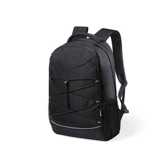 Mochila urban acolchada de línea nature, fabricada en resistente 600D RPET, elaborado a partir de plástico reciclado, para así fomentar la reutilización de residuos plásticos y contribuir a la sostenibilidad del planeta. Bolsillo principal con cierre de cremallera, con banda reflectante y compartimento exterior con tiras elásticas y ajustador. Bolsillos laterales de malla e interior con bolsillo acolchado para portátil de hasta 15 pulgadas y tablet de hasta 12 pulgadas. Cintas acolchadas ajustables para hombro, con asa de transporte reforzada y acolchada. Distintivo RPET en etiqueta exterior.