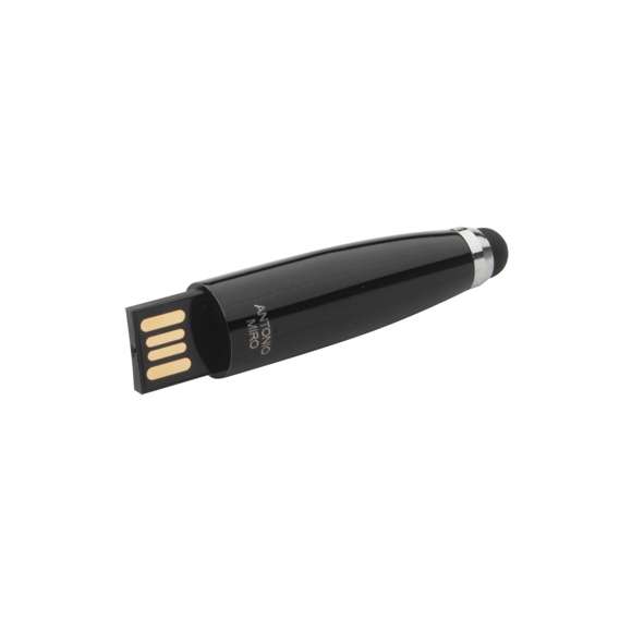 Bolígrafo tecnológico multifunción de Antonio Miró, con memoria USB de 32GB de capacidad integrada en la capucha y puntero de suave goma a juego. Cuerpo en acabado métálico brillante con logotipo de la marca, de apertura giratoria y con tinta negra. Presentado en elegante caja de cartón de color negro de cierre magnético con logotipo de la marca y suave espuma troquelada.