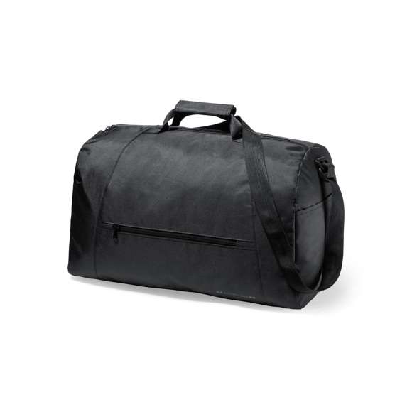 Bolso de Antonio Miró, fabricado en resistente poliéster 300D con acabados en negro. Compartimento principal y bolsillos exteriores con cierre de cremallera a juego  asas de transporte con velcro y bolsillos laterales. Con logotipo de la marca en la base y cinta bandolera ajustable.