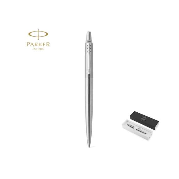 Bolígrafo Parker Jotter Core, un clásico entre los bolígrafos con tinta de gel. Fabricado en acero inox, con adornos cromados y el clip con la forma icónica en punta de flecha de la marca. Con mecanismo pulsador, clásico cartucho interior Parker y en tinta azul. Presentación en estuche individual negro con logotipo Parker.  Con la fluidez, precisión e intensidad homogéneas propias de PARKER Jotter, un referente en cuanto a estilo desde hace más de 60 años. Con un diseño novedoso y simplificado y con una tinta de gel intensa y homogénea que traza con fluidez líneas que se secan con rapidez para evitar borrones, reflejando su legado en cada detalle.