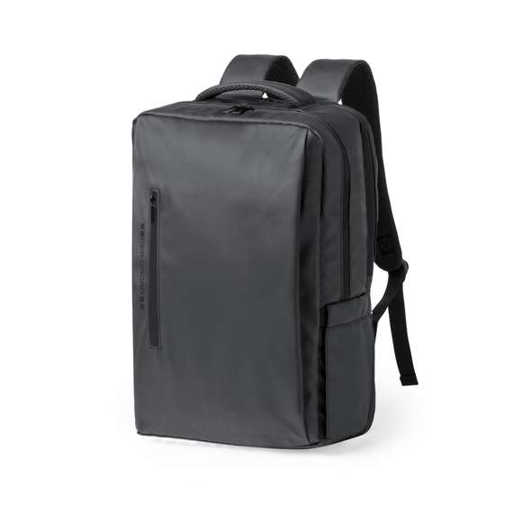 Mochila de Antonio Miró de calidad premium en resistente polipiel de sobrio diseño en color negro. Con cierre de cremallera doble, bolsillo frontal y asa reforzada acolchada. Con acolchado ergonómico en espalda y cintas de hombros, incluye compartimento interior acolchado para portátil de hasta 15 pulgadas y para tablets de hasta 10 pulgadas. Además, con bolsillo antirrobo con cierre de cremallera en la parte trasera. Fundas interiores para bolígrafos y smartphone. Con logotipo de la marca en frontal.