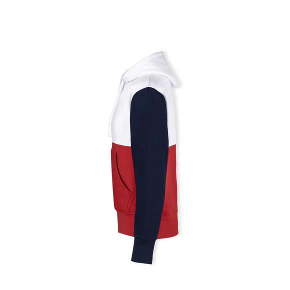 Sudadera unisex tricolor con capucha. Bolsillo canguro y elásticos de ancho extra para un ajuste perfecto. Confeccionado en mezcla de algodón y poliéster con un gramaje de 280g/m2. Interior de felpa cepillada para una mayor sensación de calidad. Tacto suave y corte moderno. Cordones ajustables planos y ojetes de confección, evitando así el uso de metal. Dobles costuras para una mayor durabilidad y resistencia al uso intensivo. Etiqueta fácilmente removible. Disponible en tallas XS, S, M, L, XL y XXL.