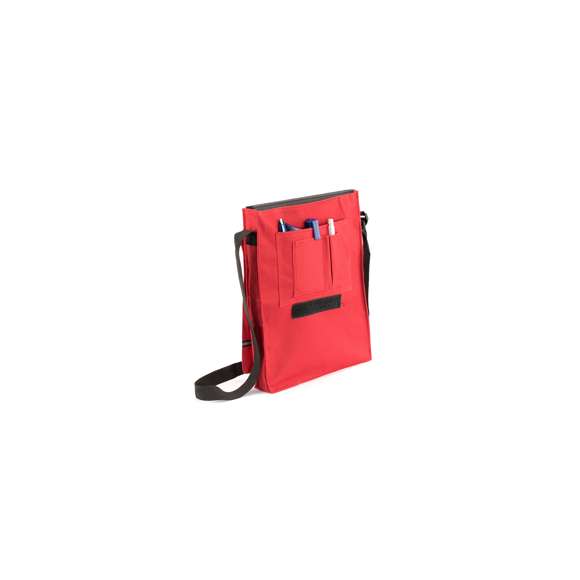 Portadocumentos con solapa de cierre de velcro en poliéster 600D de vivos colores y con franja frontal reflectante. Con asas reforzada a juego, cinta bandolera ajustable y compartimentos interiores con fundas para bolígrafos y smartphone.