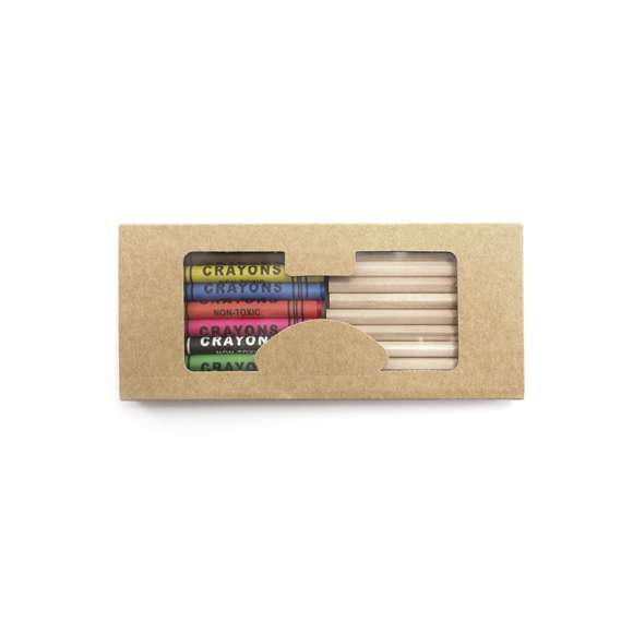 Set de 19 piezas en estuche con cuerpo en cartón natural con ventana y bandeja interior. Contiene ceras de cuerpo cilíndrico y lápices de madera natural de cuerpo hexagonal en variados colores.