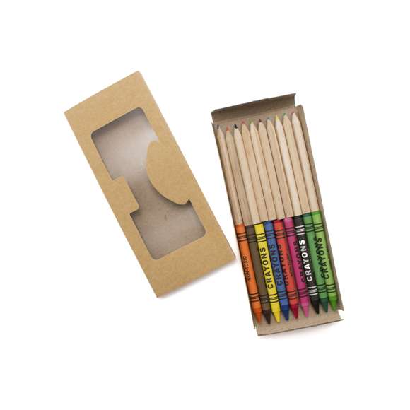 Set de 19 piezas en estuche con cuerpo en cartón natural con ventana y bandeja interior. Contiene ceras de cuerpo cilíndrico y lápices de madera natural de cuerpo hexagonal en variados colores.