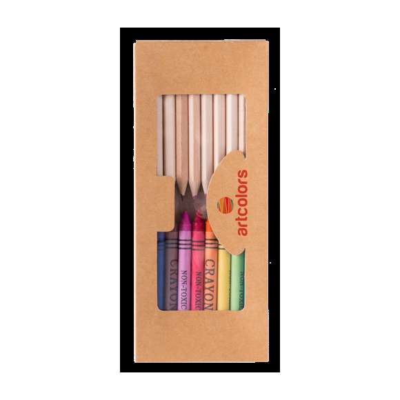 Set de 19 piezas en estuche con cuerpo en cartón natural con ventana y bandeja interior. Contiene ceras de cuerpo cilíndrico y lápices de madera natural de cuerpo hexagonal en variados colores.