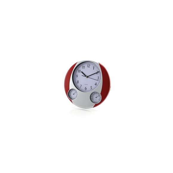 Reloj analógico de pared de diseño circular, con termómetro e higrómetro integrados. Alimentación a pila: tipo AA no incluida y presentado en caja individual.