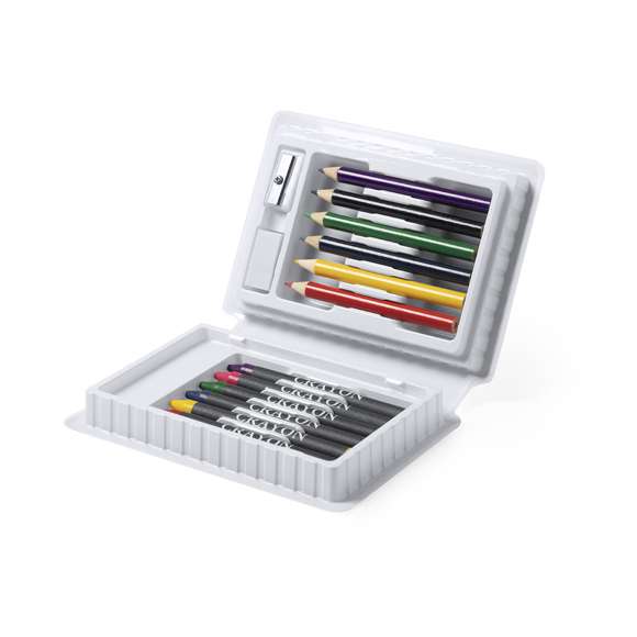  	Set de 14 piezas en estuche con resistente cuerpo acabado en brillantes colores e interior con compartimentos de seguridad. Contiene goma, sacapuntas, ceras y lápices de madera de cuerpo cilíndrico en variados colores.