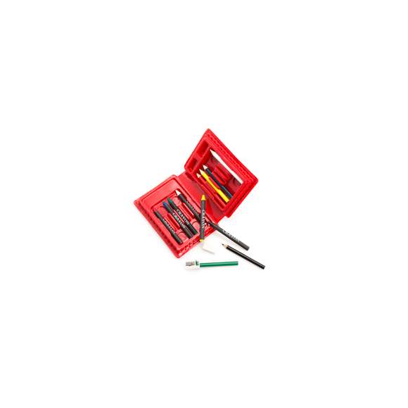  	Set de 14 piezas en estuche con resistente cuerpo acabado en brillantes colores e interior con compartimentos de seguridad. Contiene goma, sacapuntas, ceras y lápices de madera de cuerpo cilíndrico en variados colores.
