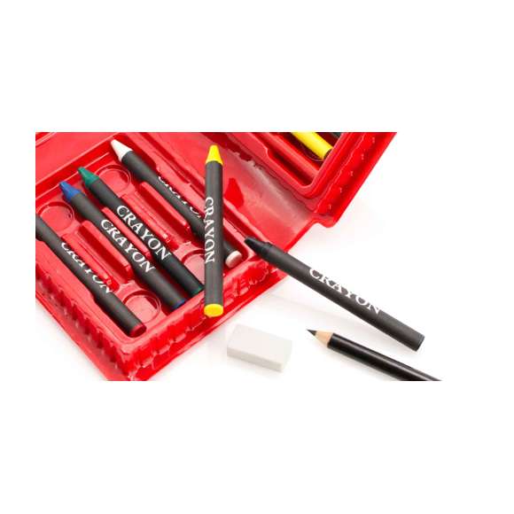  	Set de 14 piezas en estuche con resistente cuerpo acabado en brillantes colores e interior con compartimentos de seguridad. Contiene goma, sacapuntas, ceras y lápices de madera de cuerpo cilíndrico en variados colores.