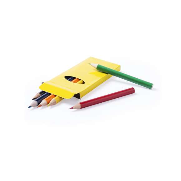  	Set de 6 lápices en caja de cartón con acabado brillante en vivos colores y ventana. Lápices de madera con cuerpo cilíndrico en variados colores brillantes y minas en divertidos colores.