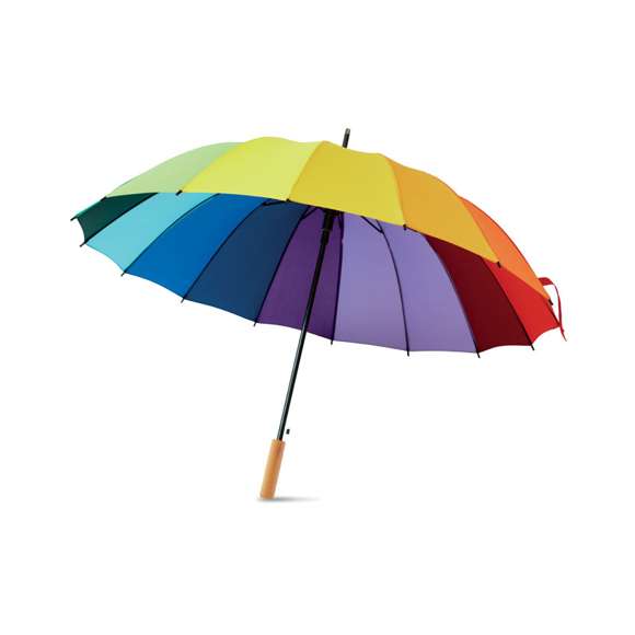 <p><span style="color: rgb(65, 65, 65);">Paraguas rainbow de 27 de apertura automática en Pongee 190T con eje de madera, varillas de fibra de vidrio, puntas y parte superior de metal chapado en negro. 16 paneles.</span></p>