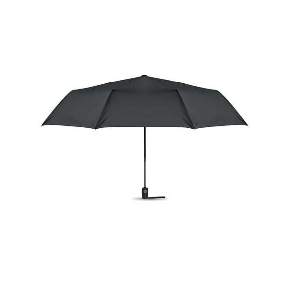 <p><span style="color: rgb(65, 65, 65);">Paraguas plegable de 27'' con apertura y cierre automático de pongee 190T. Anti viento. Eje de acero chapado negro. Varillas de fibra de vidrio. Mango de PP negro con pulsador. Con bolsa a juego.</span></p>