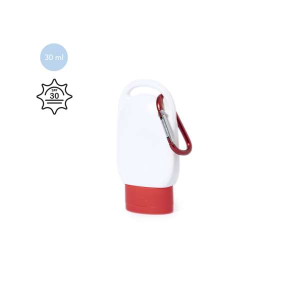 Crema de protección solar factor 30. Presentada en práctico bote de 30ml y acabado frosted. Disponible en variada gama de colores, con mosquetón de transporte a juego.